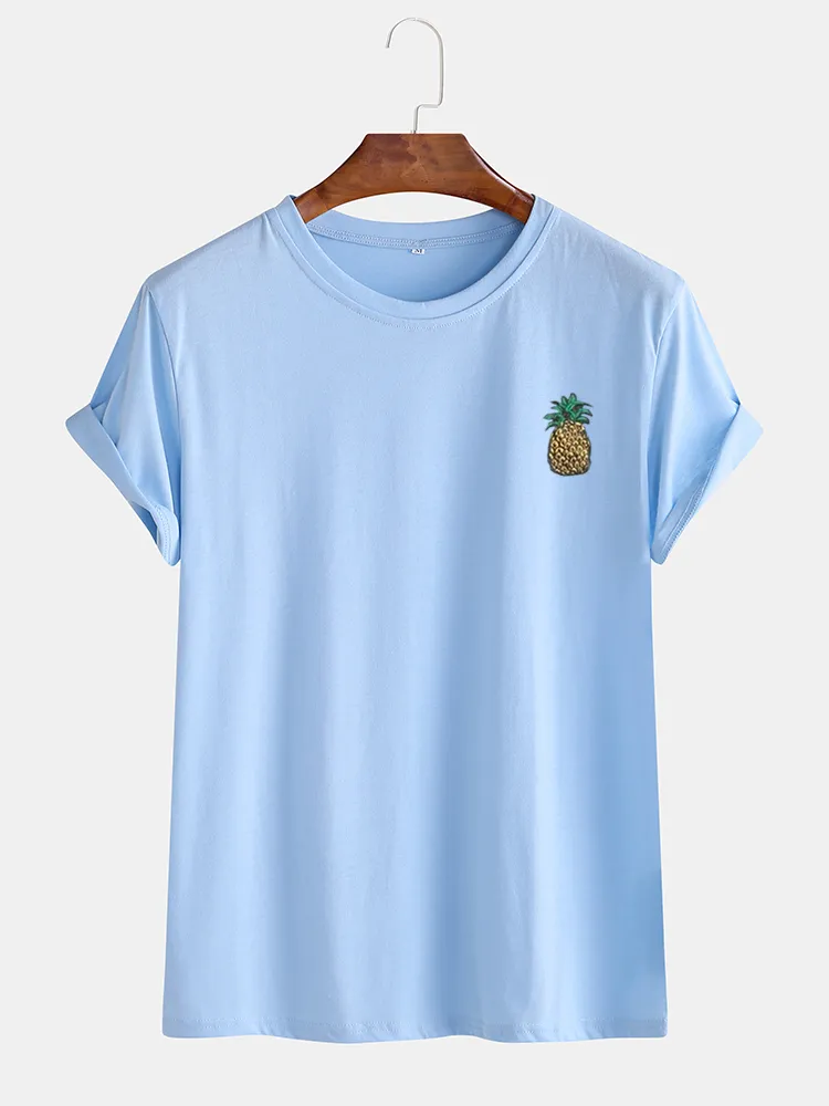 T-shirt manica corta allentata casual da casa stampata con ananas a forma di cartone animato da uomo