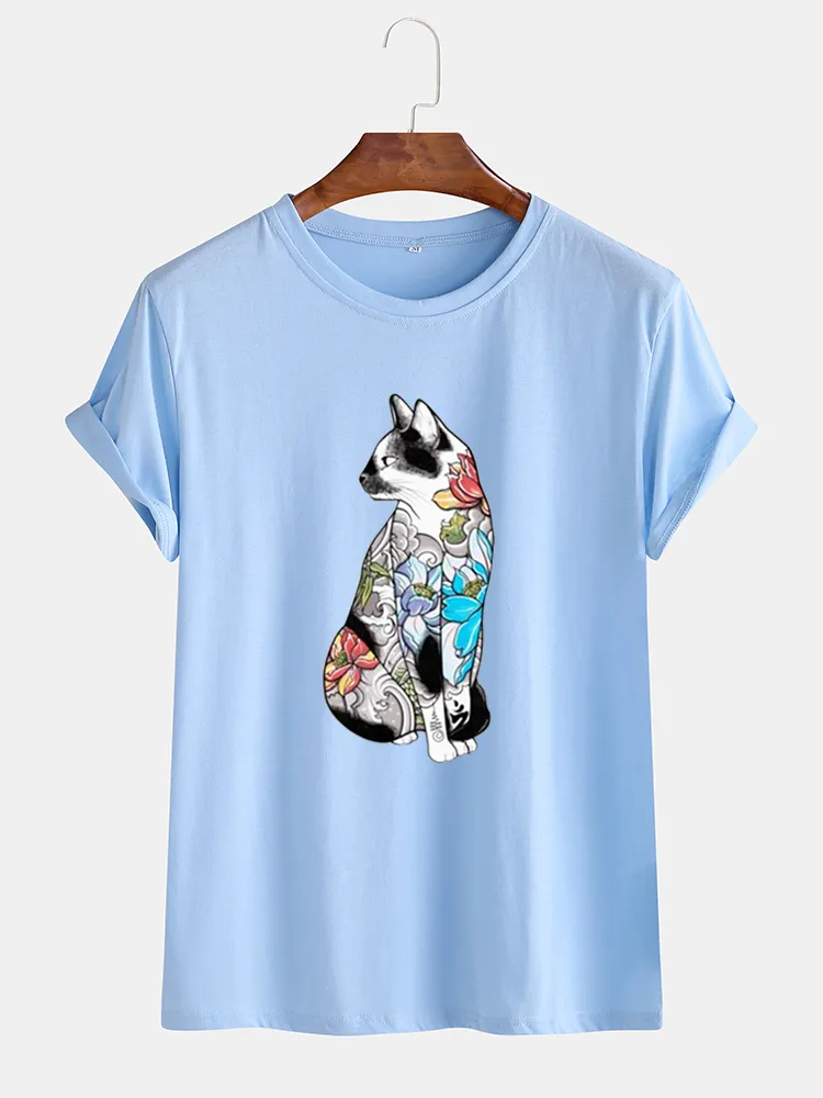 T-shirt da uomo tondo Collo a maniche corte in cotone multicolore stampato con gatti