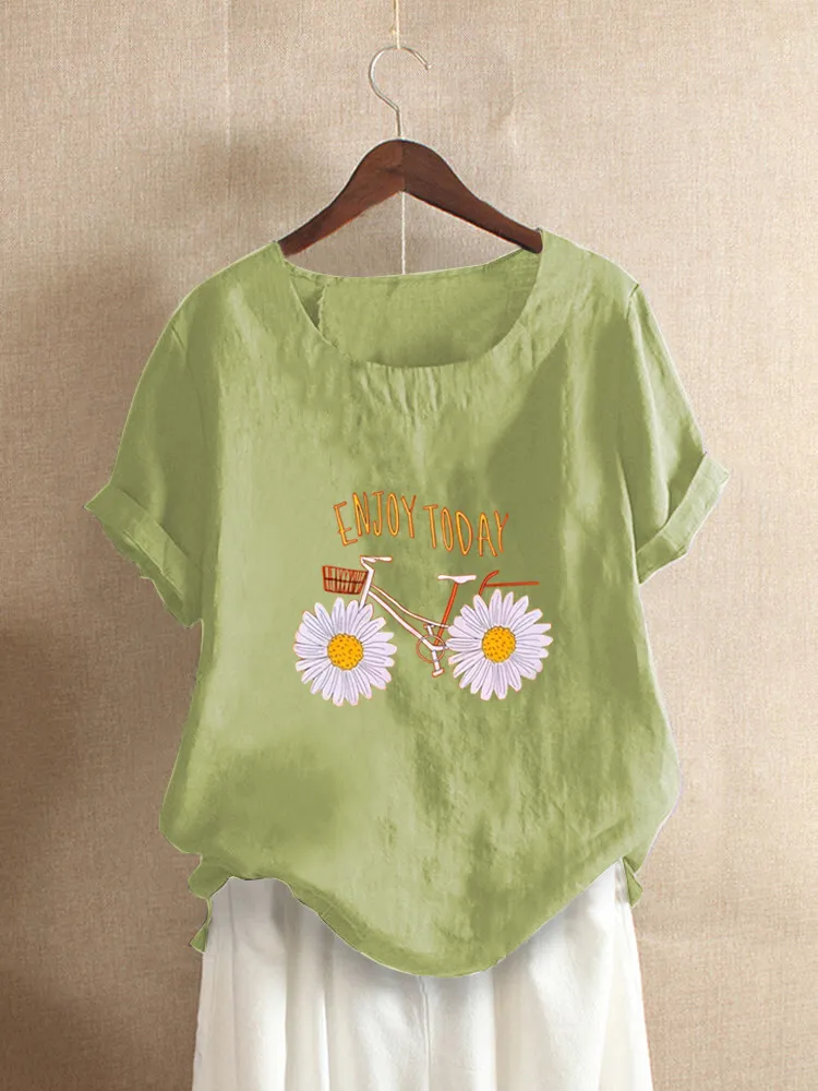 T-shirt O-Collo a maniche corte con lettere stampate a fiori margherita