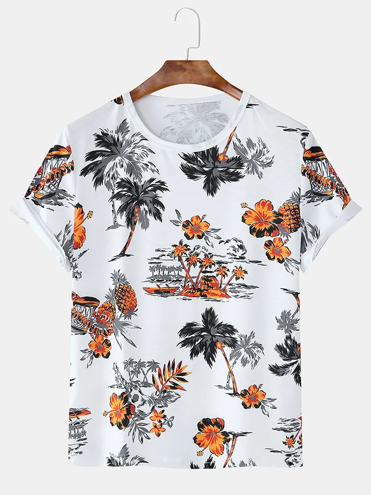 T-shirt floreale da uomo a maniche corte stampata con fiori tropicali e frutta