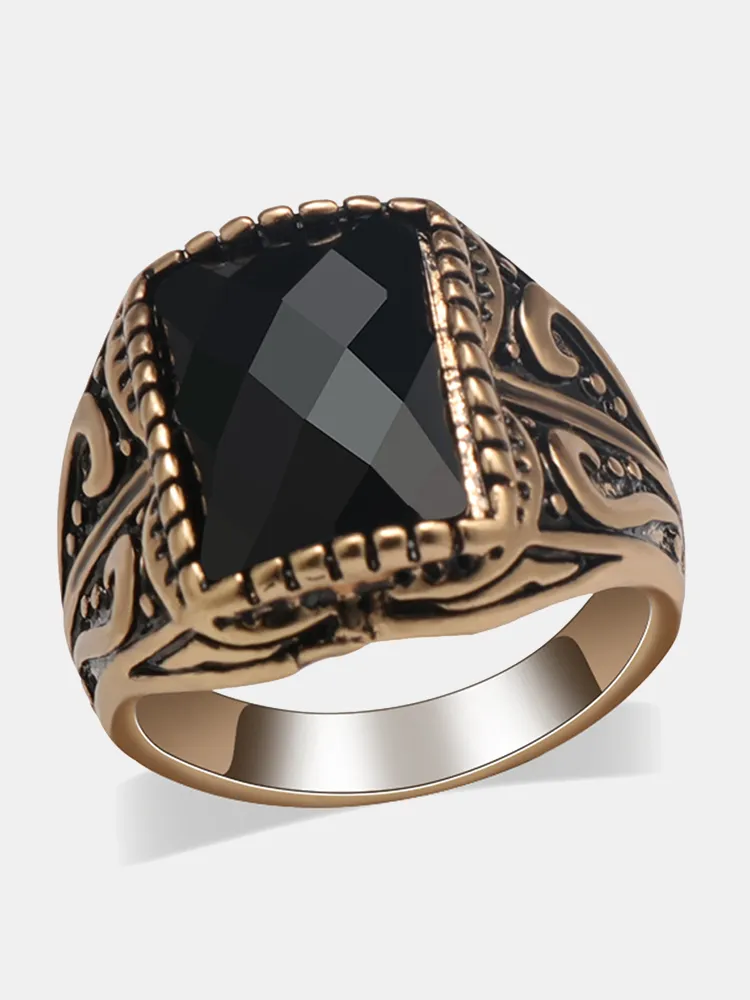 Anello da uomo con personalità vintage in resina Black Anello con anello in lega di argento dorato con montatura a gemma rettangolare