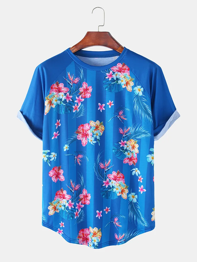 T-shirt con scollo a V traspirante e sottili a righe floreali da uomo