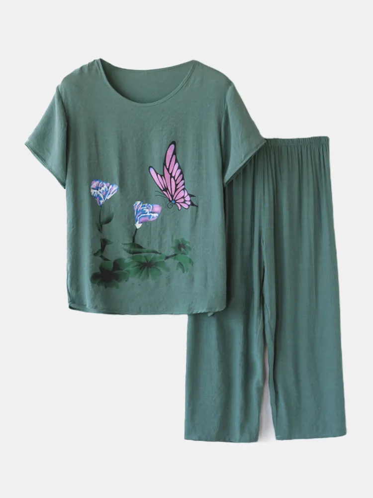 Pigiami estivi O-Collo traspiranti allentati floreali a maniche corte con stampa farfalla da indossare all'esterno