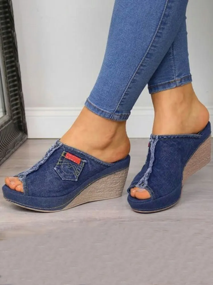 Pantofole con zeppa casual comode con cuciture in denim da donna