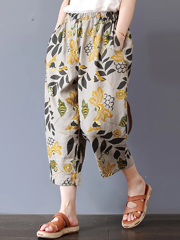 Vita elastica con stampa floreale vintage Plus Taglia Pantaloni con tasche