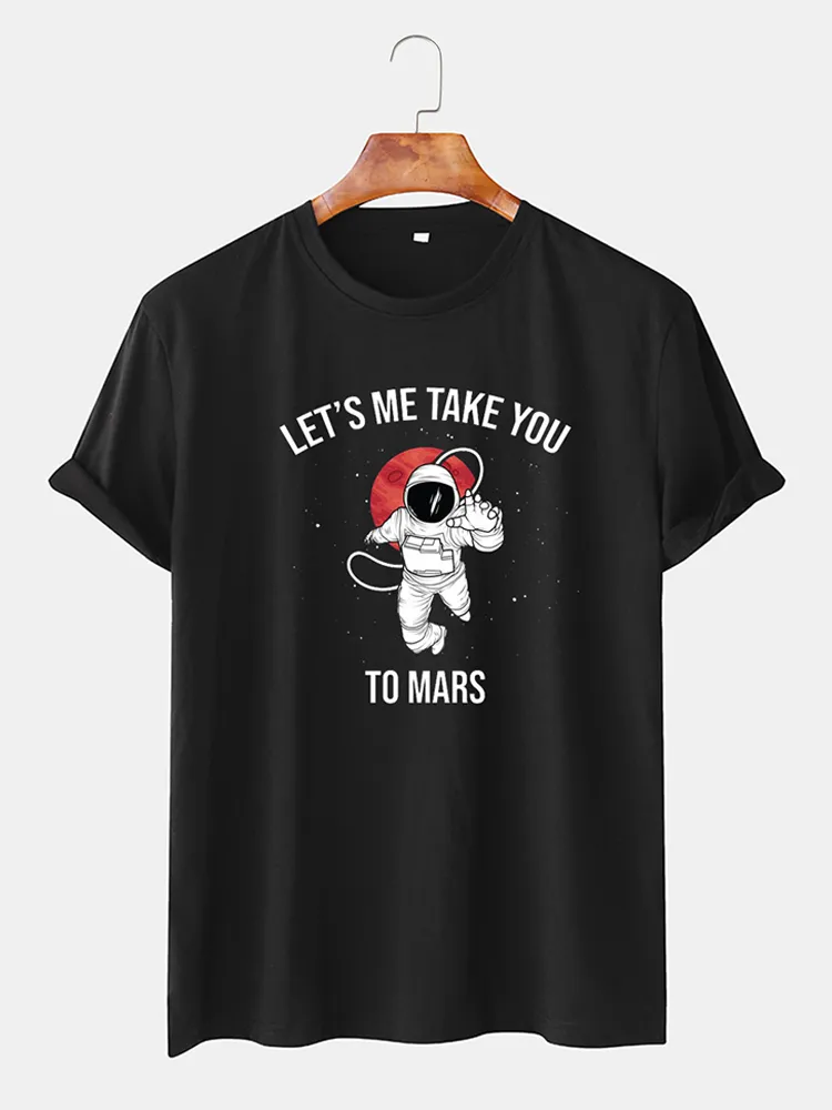 T-shirt a maniche corte casual da uomo in cotone con stampa di slogan da astronauta Collo