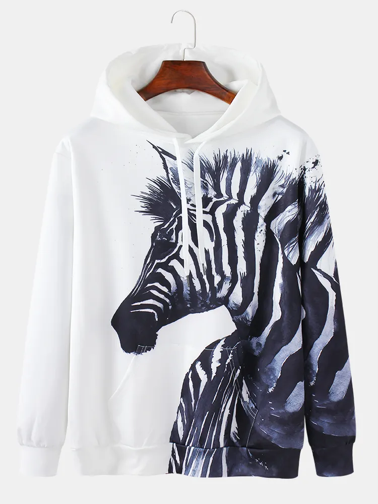 Mens 3D Zebra Stampa Daily Relaxed Fit Pullover Felpa con cappuccio a marsupio