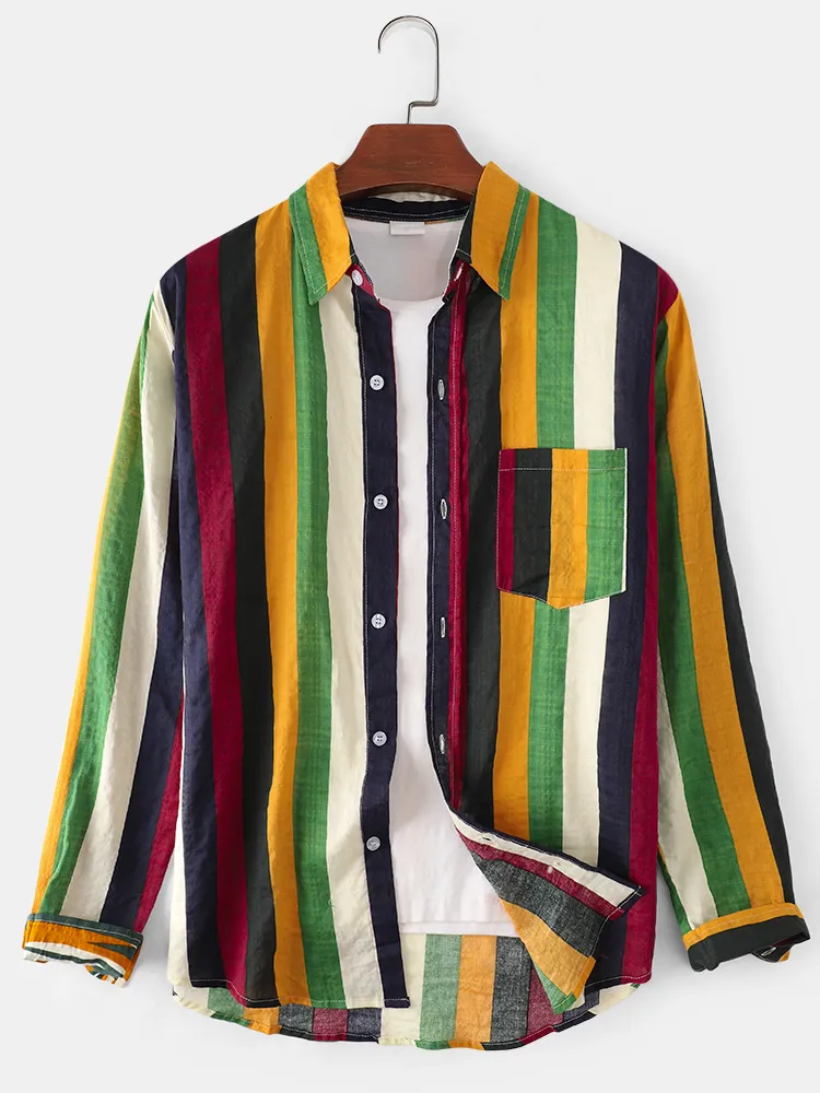 Camicie da uomo a maniche lunghe con stampa casual a righe larghe multicolore