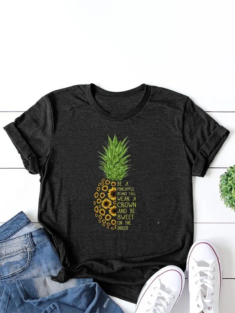 T-shirt a maniche corte O-collo lettere stampate girasole ananas