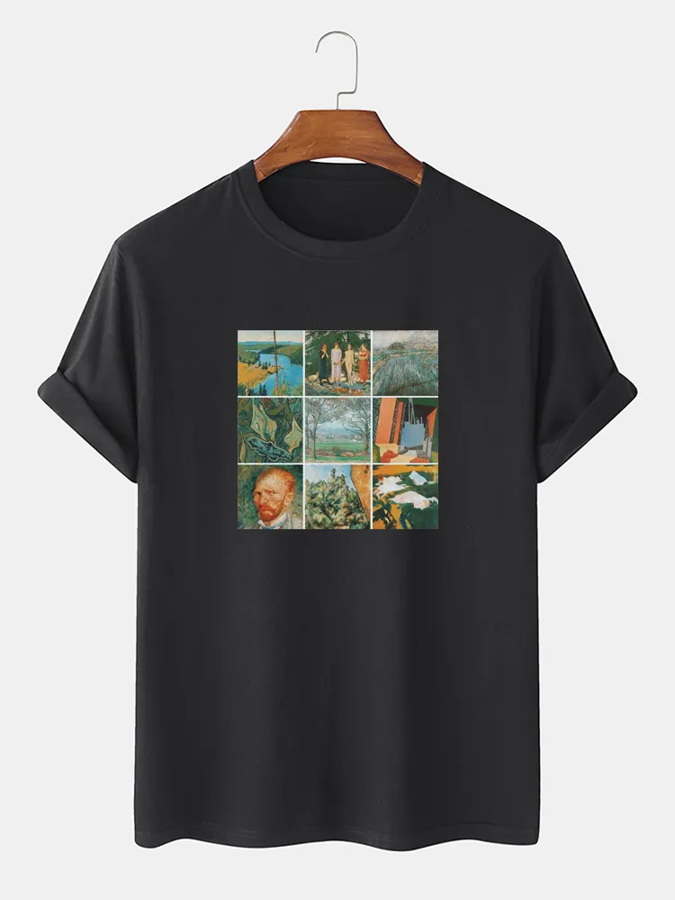 Uomo 100% cotone Vintage Van Gogh Olio T-shirt casual con stampa quadri a quadri