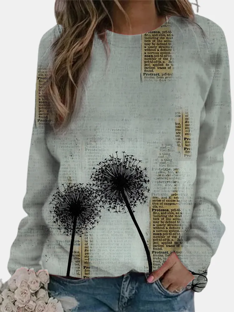T-shirt O-Collo manica lunga stampata a fiori per donna