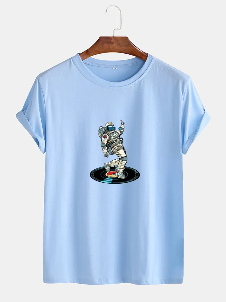 T-shirt casual da uomo a manica corta con stampa grafica astronauta in cotone con O-Collo