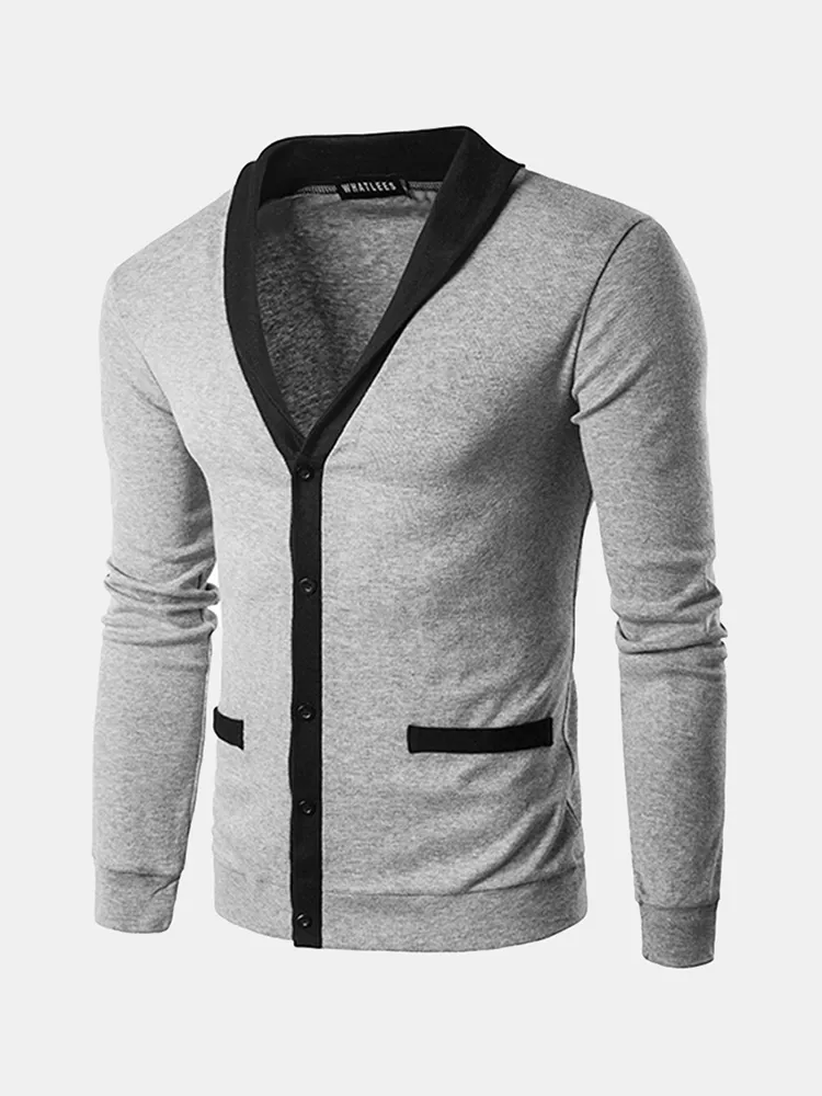 Uomo Cardigan a Maglia Semplice Autunnale Invernale a Monopetto a Contrasto di Colore