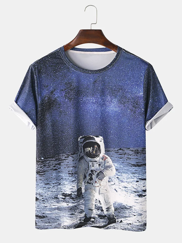 T-shirt a maniche corte casual stampata a casa da uomo 3D Cartoon Astronaut