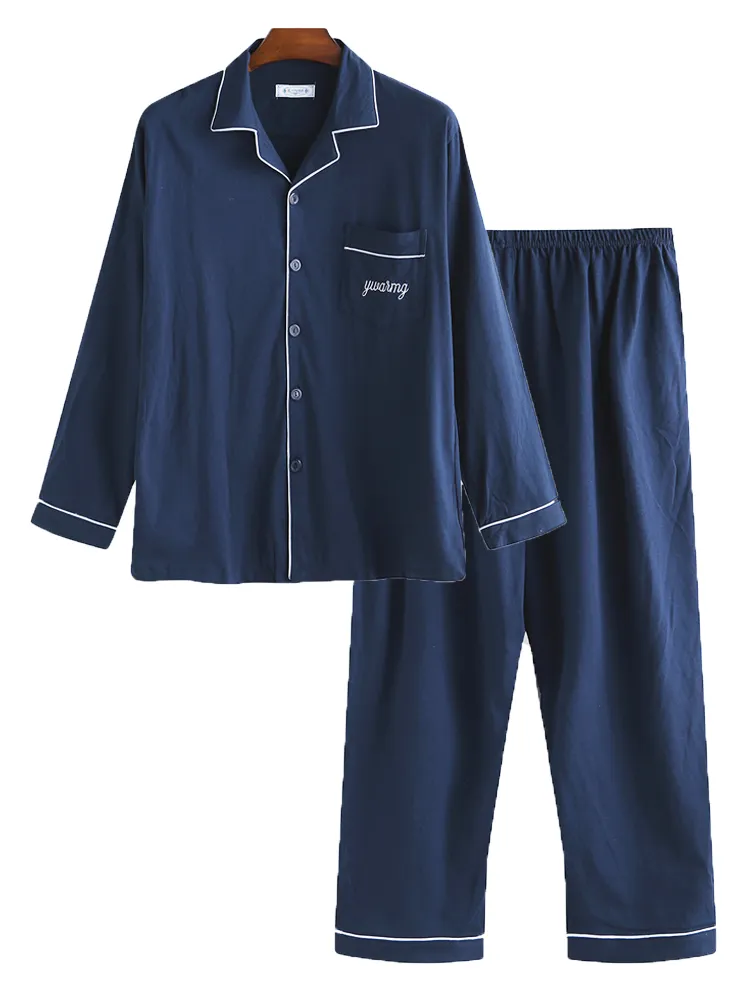 Set pigiama da uomo in cotone tinta unita di lusso Pulsanti Loungewear a maniche lunghe in piuma con tasche