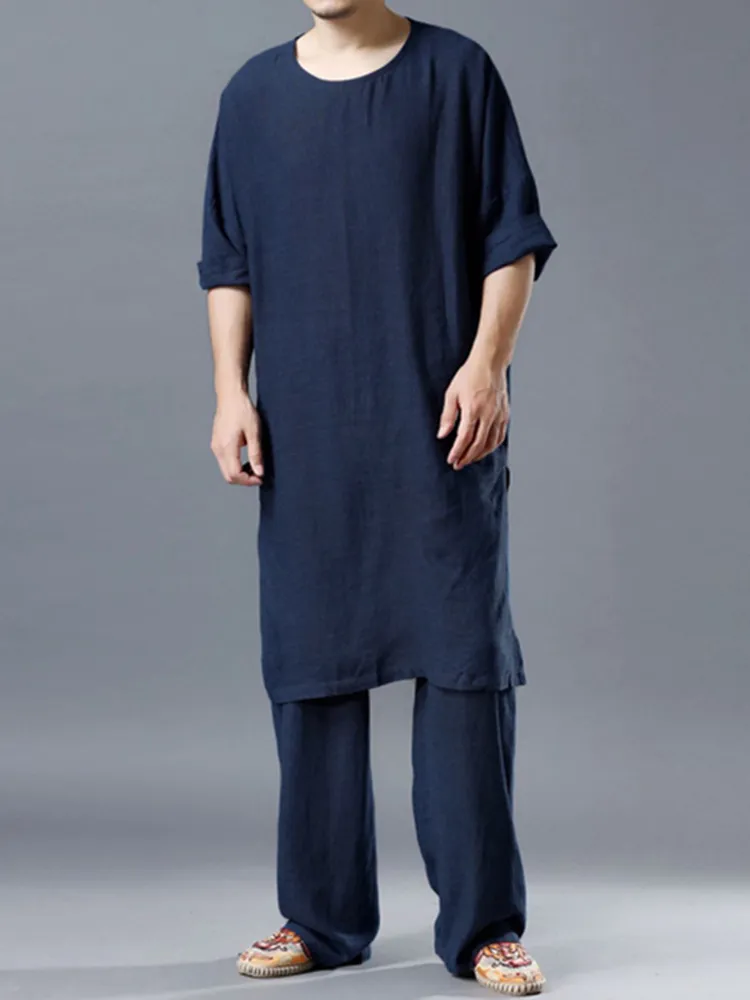 Set di pigiami in lino e cotone leggero in tinta unita accogliente O Collo Coordinati per la casa traspiranti per uomo