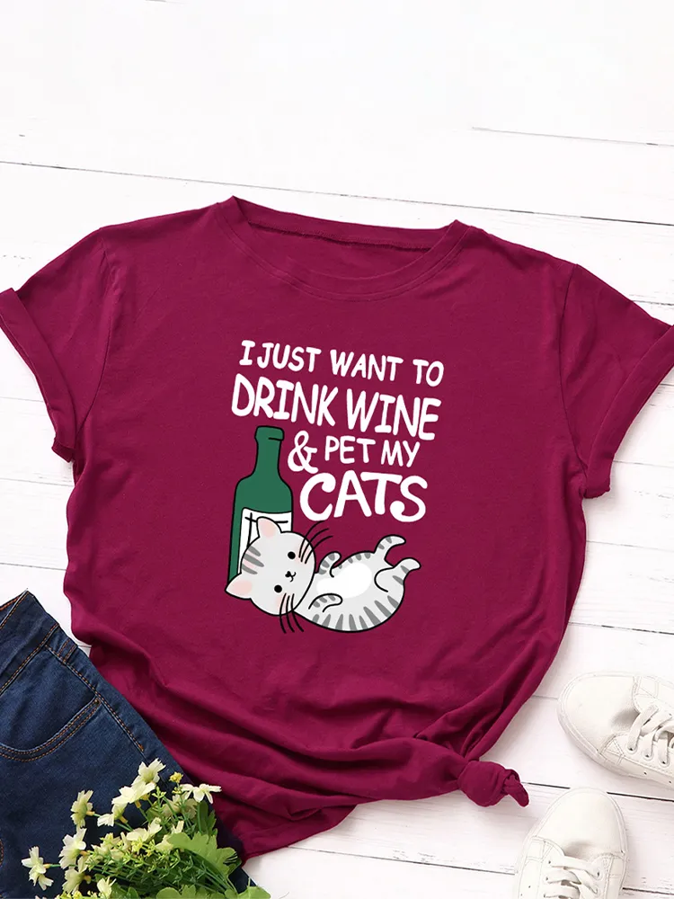 T-shirt O-Collo a manica corta stampata con lettere di gatto dei cartoni animati per donna