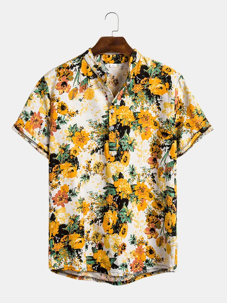 Henley manica corta colletto alla coreana stampato floreale tropicale stile vacanza da uomo Camicia