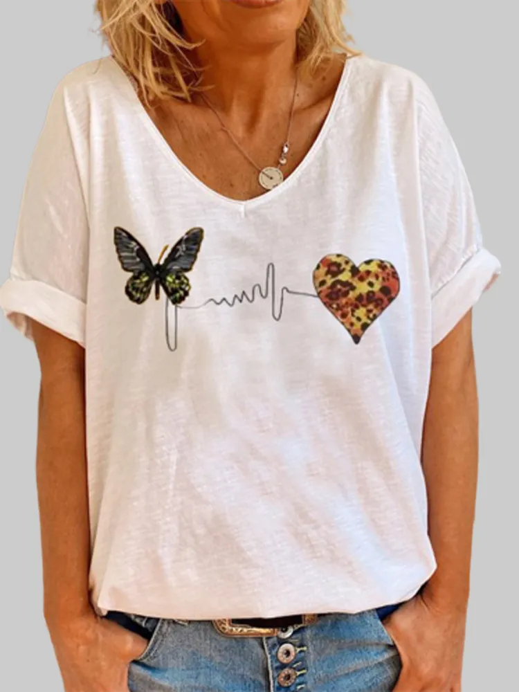T-shirt a maniche corte con scollo a V stampato farfalla per donna