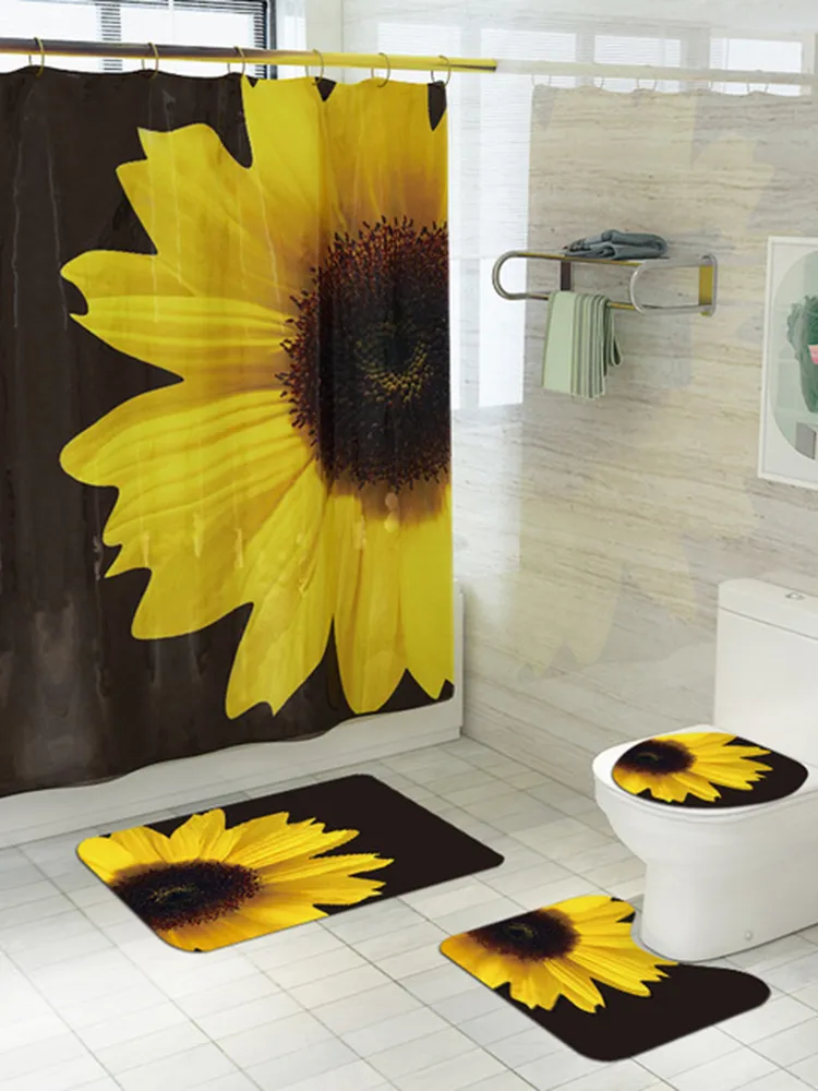 Set di tappeti antiscivolo per bagno con tenda da doccia stampata serie girasole