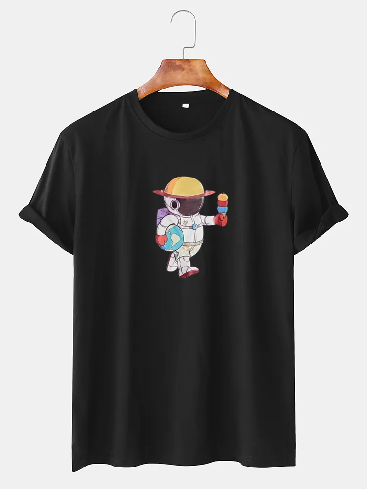 T-shirt a maniche corte casual in cotone con stampa astronauta del fumetto da uomo Collo