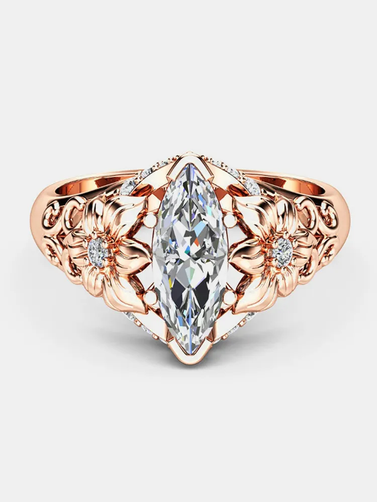 Elegante anello di fiori di lusso in oro rosa con zirconi e diamanti Anelli da donna per la festa