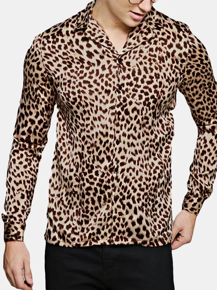 Colletto rovesciato stampato leopardato casual da uomo Sottile Manica lunga adatta Camicia