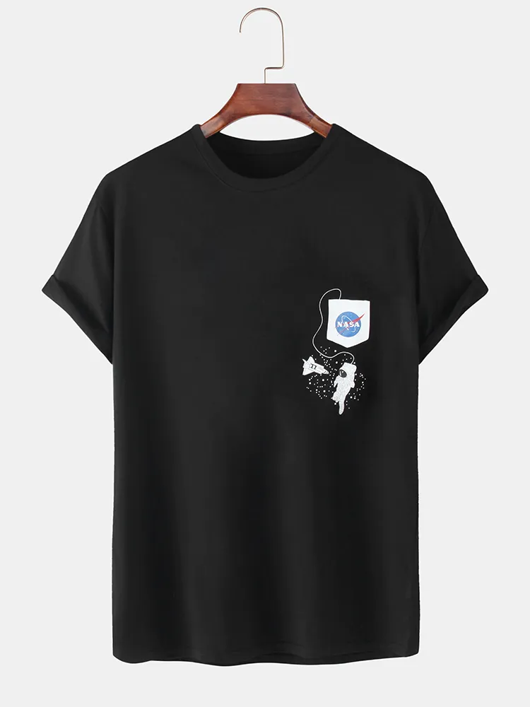 T-shirt casual larghe con stampa astronauta da uomo 100% cotone tinta unita