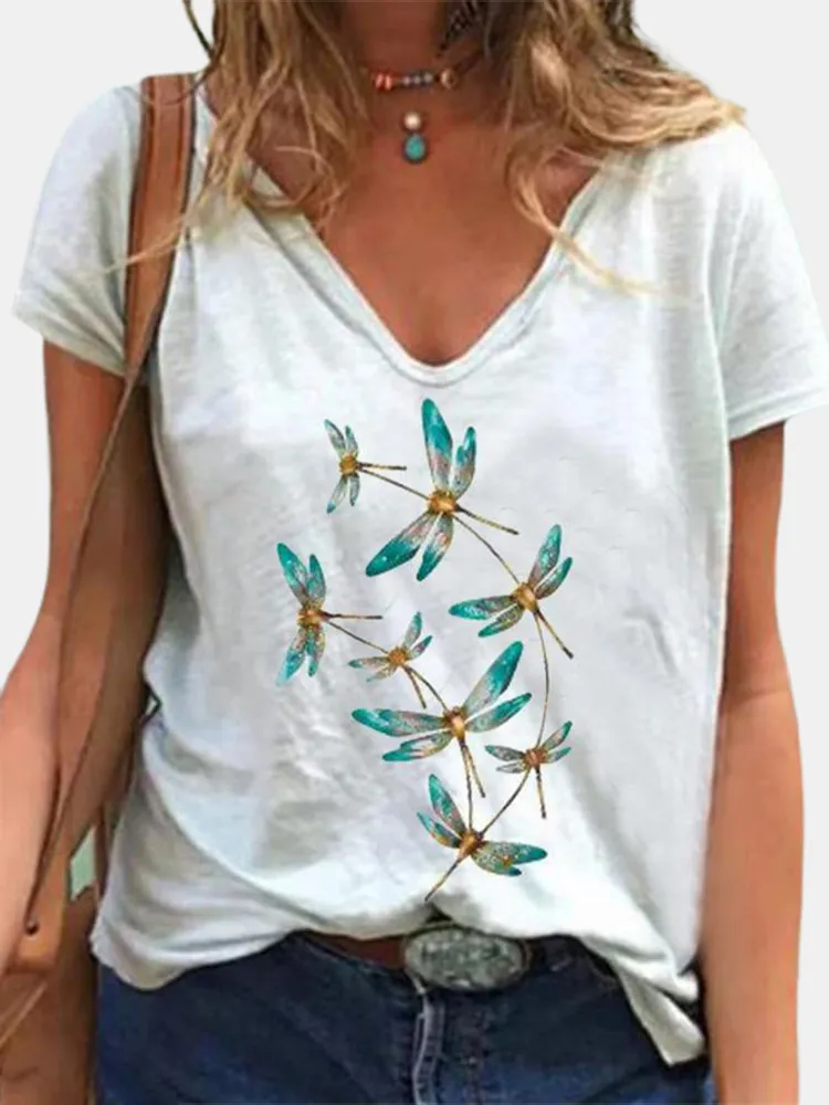 T-shirt casual a maniche corte con scollo a V stampa libellula per donna