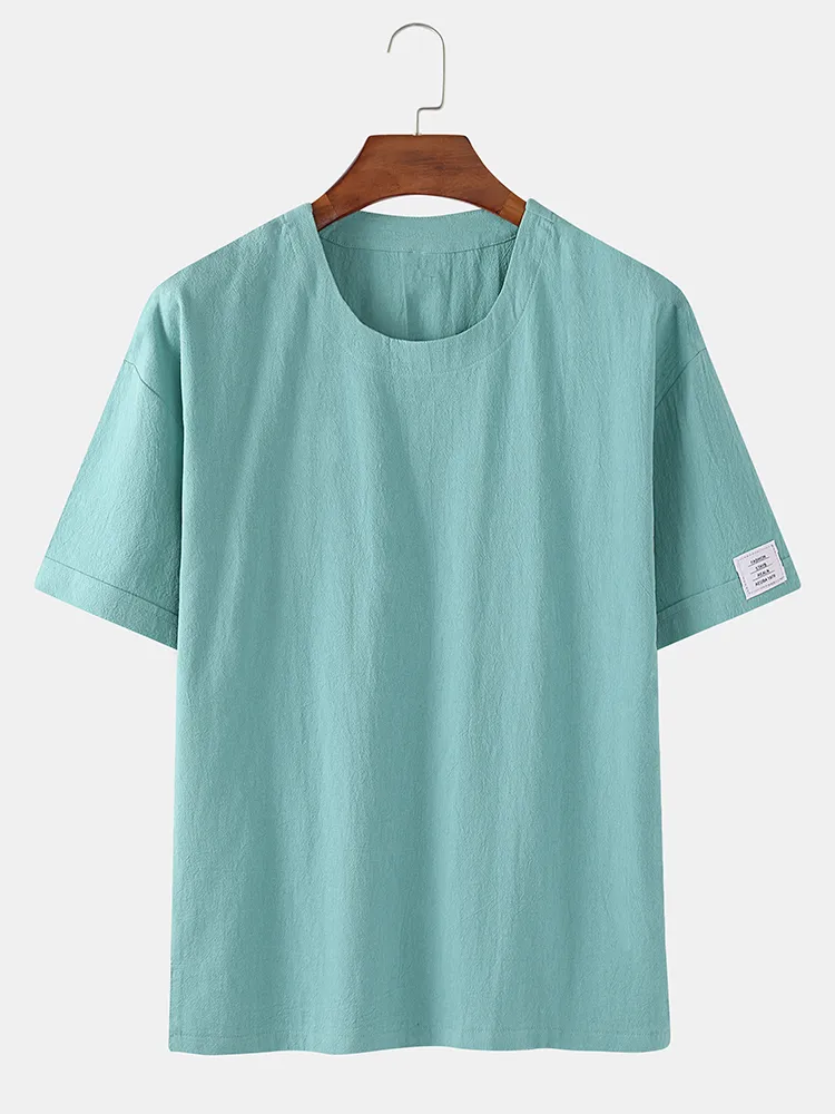 T-shirt da uomo in cotone e lino 8 colori tinta unita Collo T-shirt casual manica corta allentata