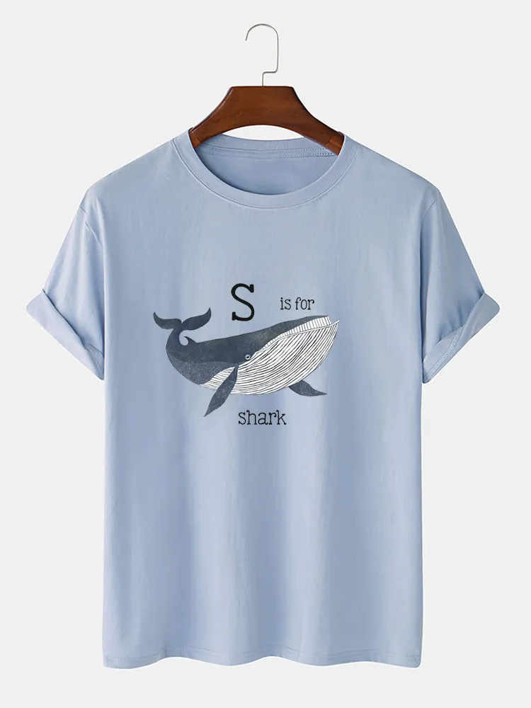 T-shirt con scollo a V allentato leggero da uomo in cotone con stampa squalo