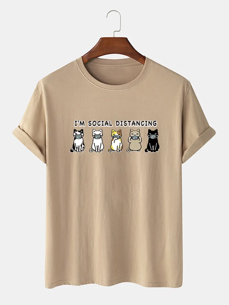 T-shirt casual stampata da uomo in cotone 100% con gatti