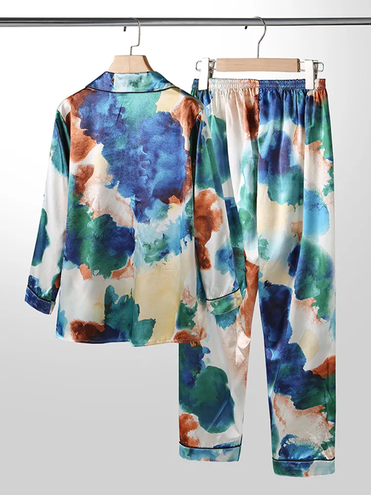 Plus Size Donna Tie-Dye Ice Silk Colletto con revers due pezzi pigiama con tasca
