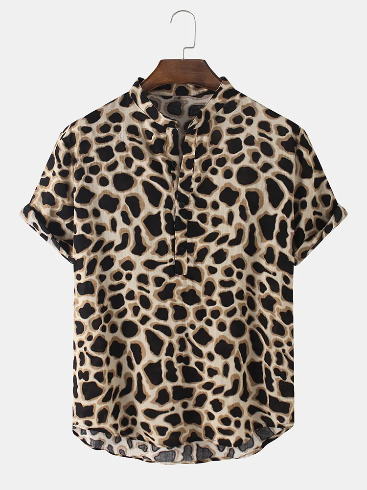 Camicie Henley da uomo manica corta allentata collo in cotone stampa leopardo