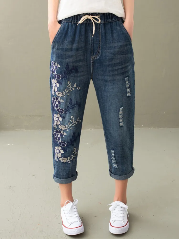 Vita con coulisse ricamata a fiori vintage Jeans