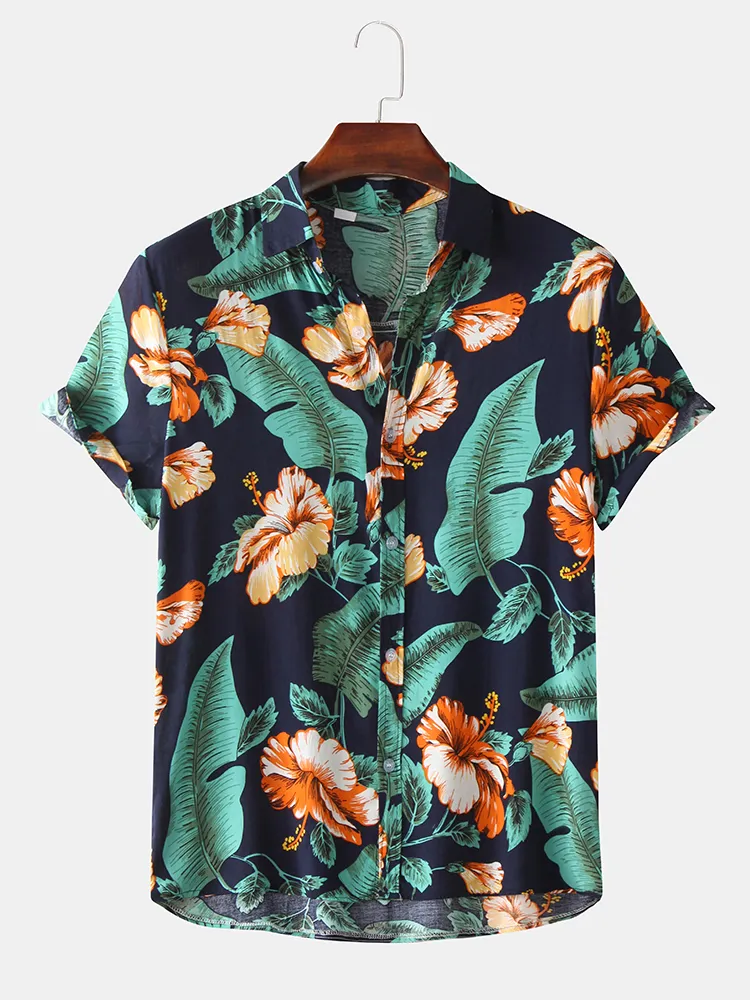 Camicie a maniche corte con stampa floreale di piante tropicali hawaiane da uomo