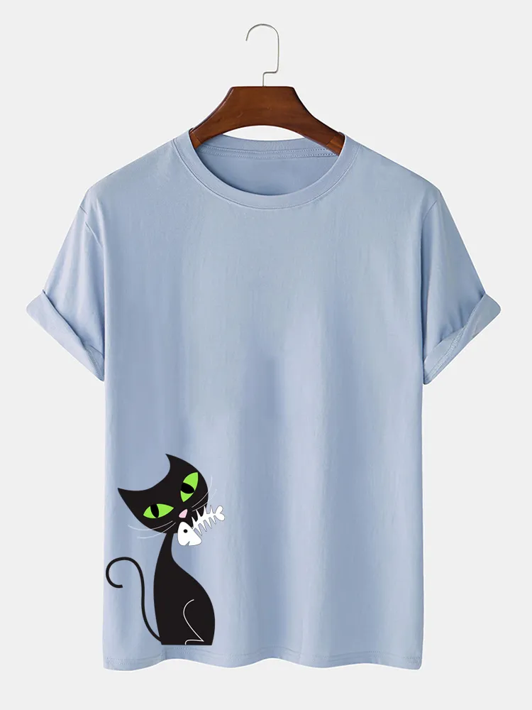T-shirt con scollo a V allentate in tinta unita con stampa gatto nero in cotone da uomo
