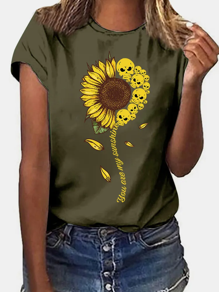 T-shirt da donna a maniche corte con stampa teschio di girasole