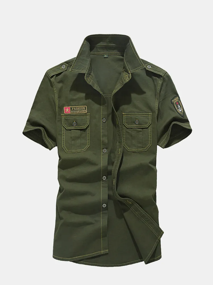 Camicie per uomo manica corta tinta unita in cotone tinta unita design militare