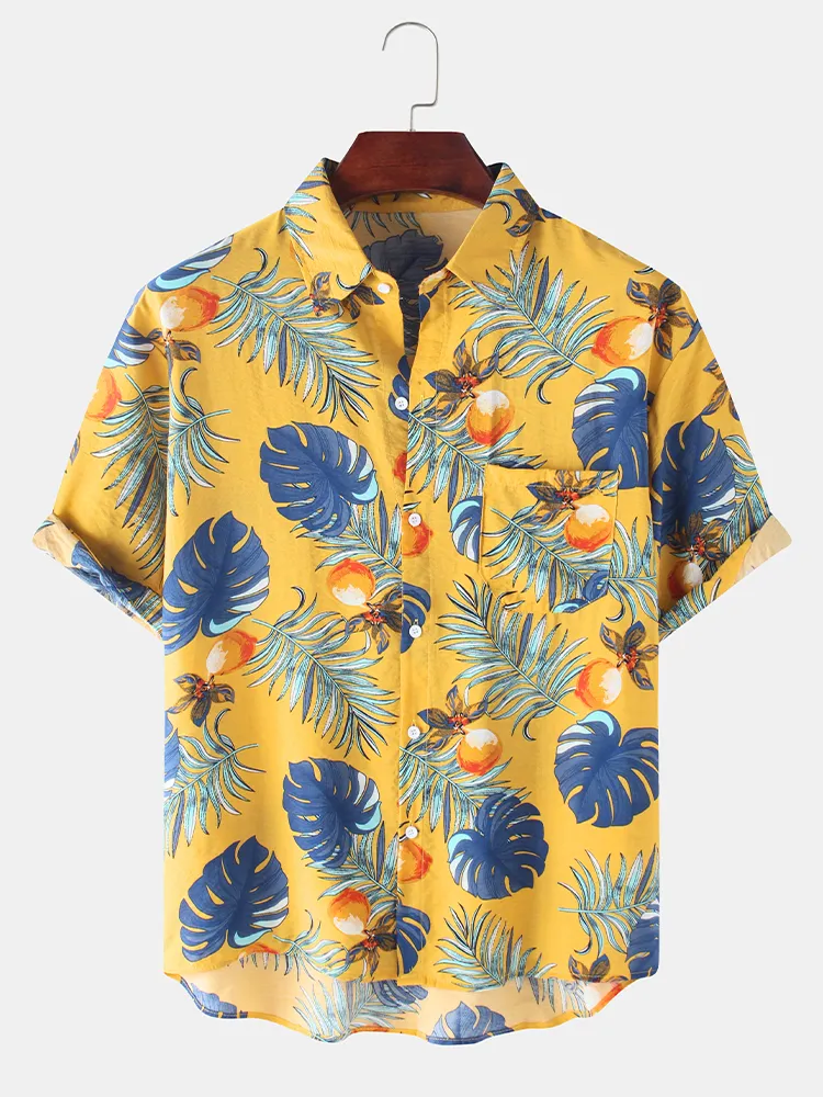 Camicie da uomo a maniche corte casual a stampa floreale e foglie tropicali da uomo