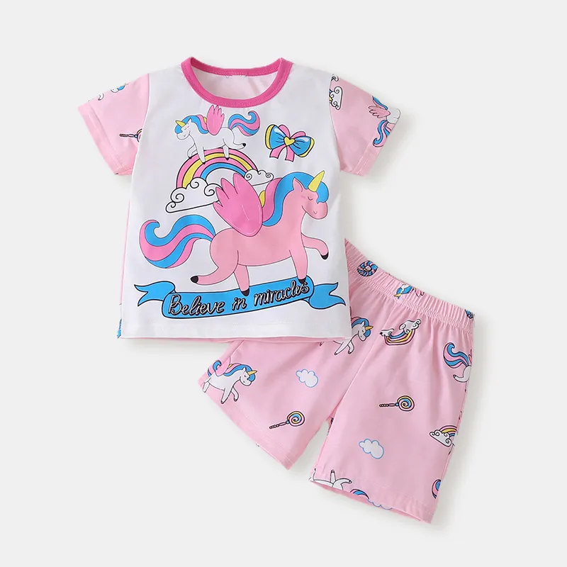 Set di abbigliamento casual a maniche corte con stampa unicorno da ragazza per 1-7 anni
