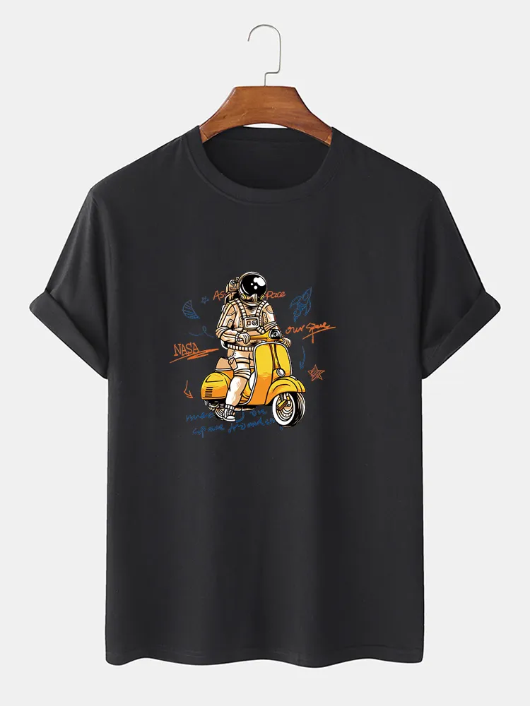 T-shirt da uomo in cotone 100% con stampa astronauta sottile o-collo