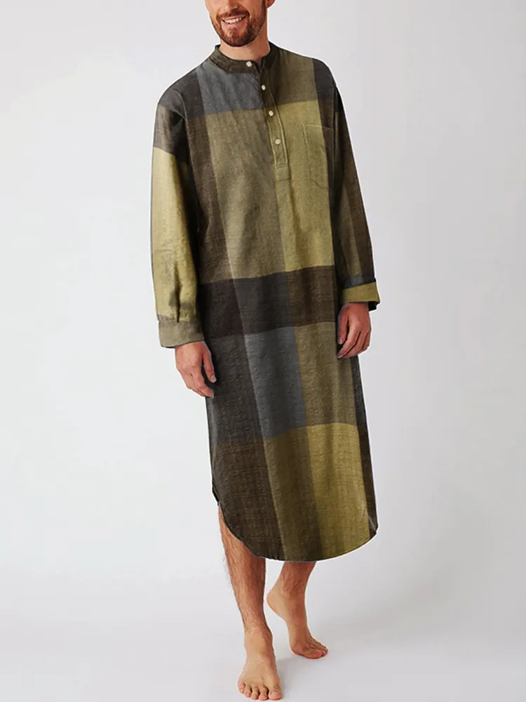 Camicie da uomo in cotone etnico a quadretti caftano al polpaccio progettano abiti casual traspiranti