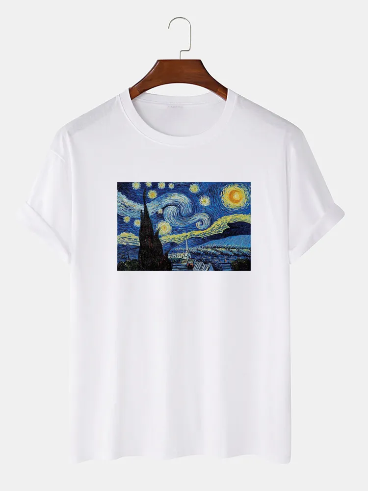 T-shirt a manica corta da uomo 100% cotone dipinto a mano Van Gogh Sky Olio