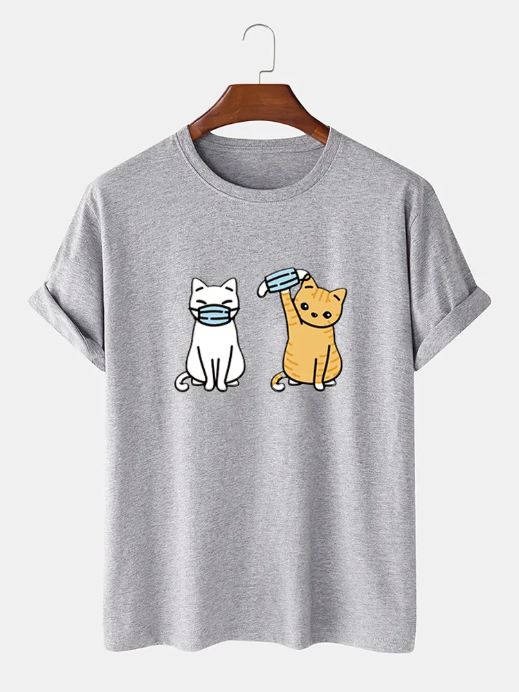 T-shirt casual da uomo 100% cotone con stampa divertente gatto