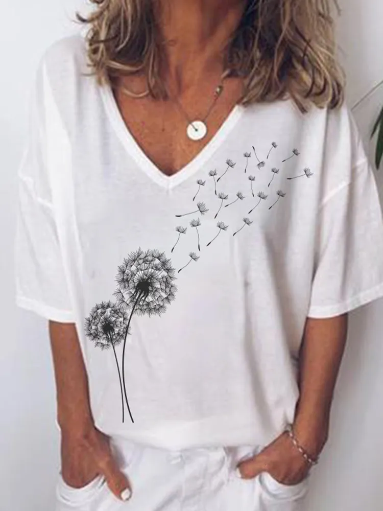 T-shirt manica corta da donna con stampa floreale con scollo a V manica corta