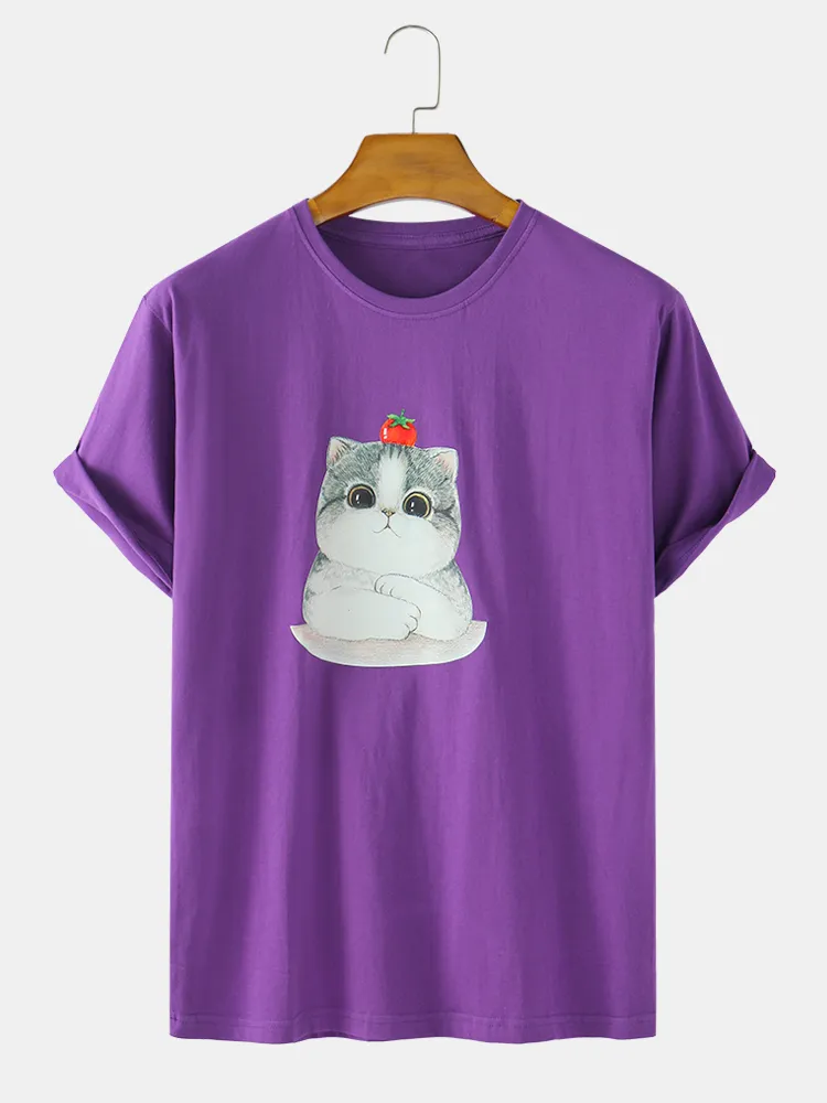 T-shirt Collo tinta unita allentata in cotone tinta unita da uomo con stampa gatto