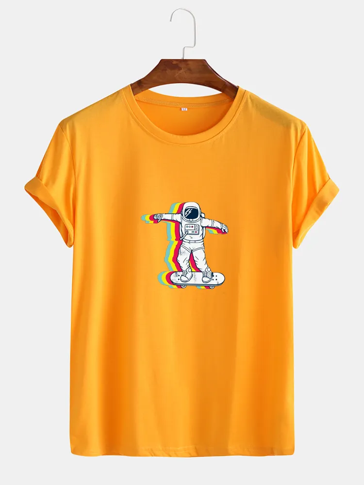T-shirt a maniche corte casual da uomo in cotone con stampa astronauta Collo