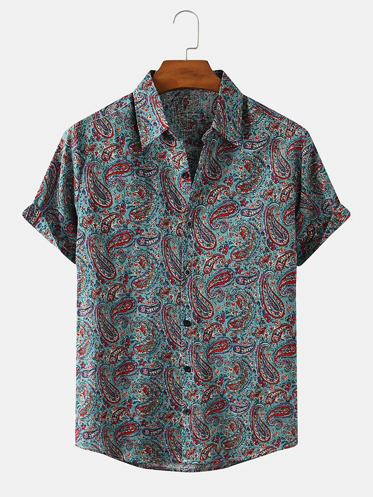 Camicie casual a maniche corte stampate con fiori di anacardi da uomo