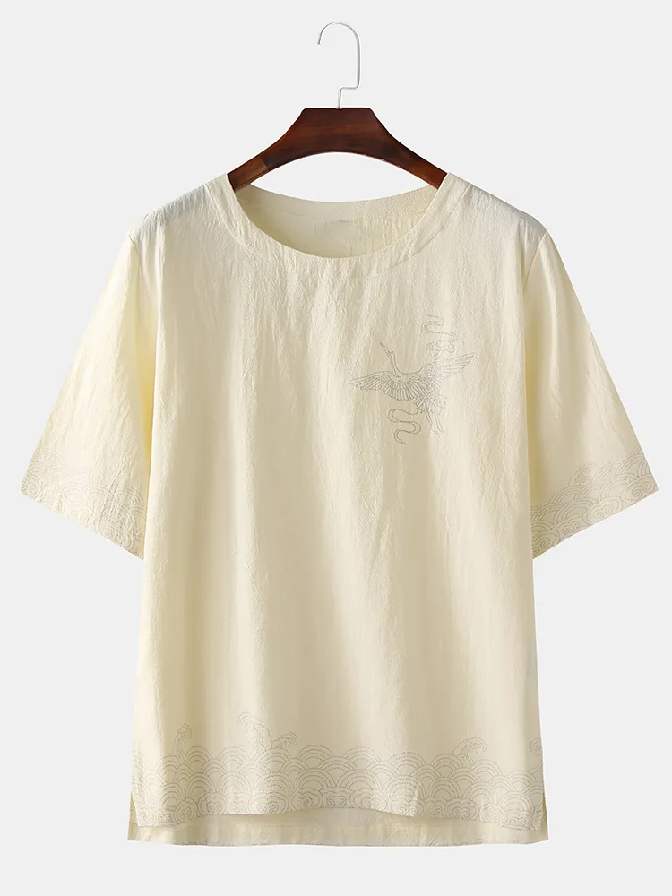 T-shirt maniche corte allentate da taschino stile cinese con stampa uccelli da uomo